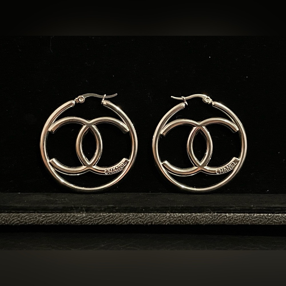 Fashion Jewelry Silver Double-CC Hoop Earrings